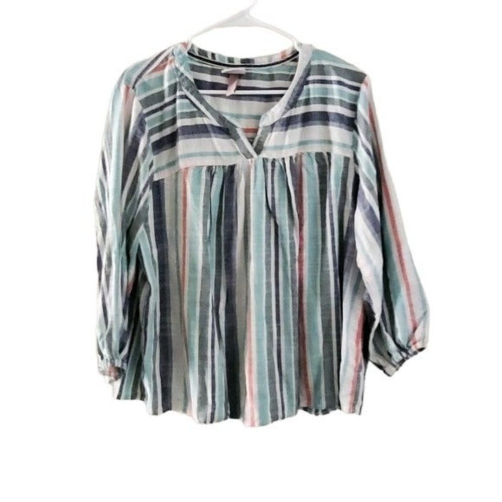 EUC Knox Rose Striped Peasant scoop V-neck Boho Blouse size XXL